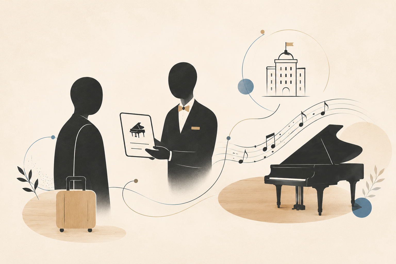 Abstract image of a hotel concierge sharing a piano room guide