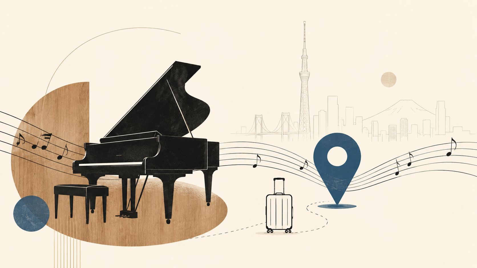 Abstract image of a visiting musician looking for a piano room in Tokyo
