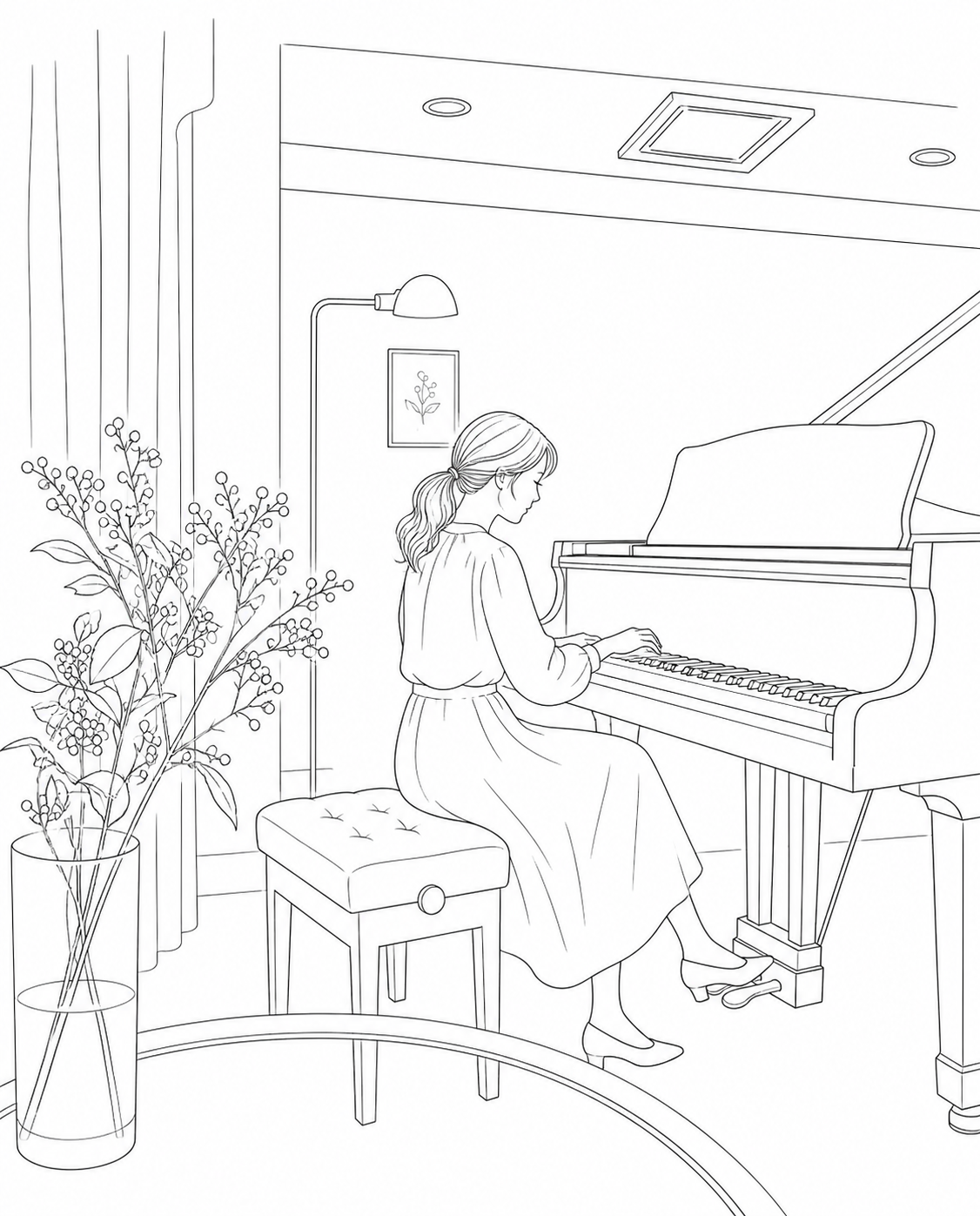 外苑ピアノサロンでひとりピアノを弾く女性の線画